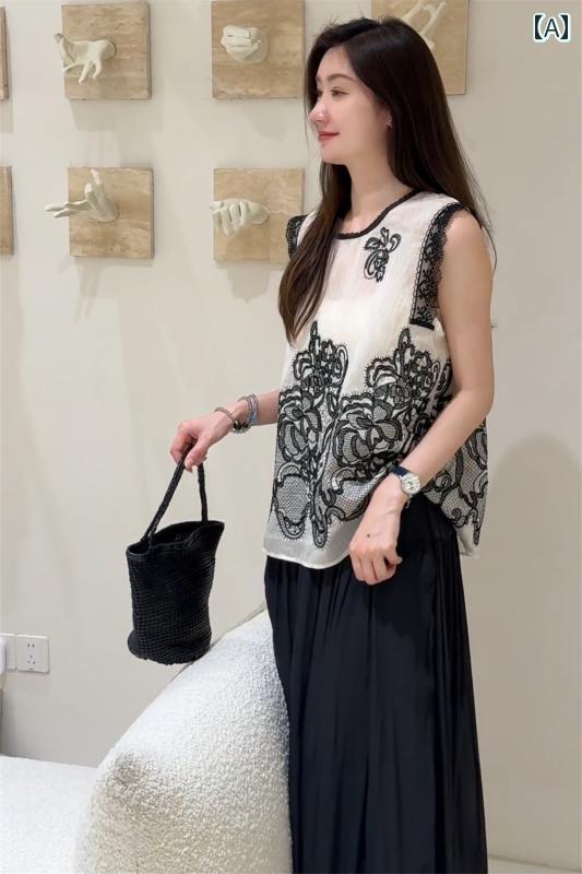 シャツ ノースリーブ レディース トップス チャイナ風 ノースリーブ トップスの レディース シャツは 2025年の 夏の 薄手 レースの 刺繍の 小さい ベスト シャツを