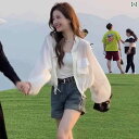 Aライン カットソー ミディアム丈 女性用 ショート 日焼け防止 服 夏用 薄手 ジャケット 2024年 韓国 小柄な 薄手 チュール アウター トップス(4)