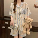 リブ セットアップ 上下セット 女性用 パジャマ 夏 スイート カートゥーン ストライプ 半袖 ショート パンツ 2025新 スタイル クラウド コットン 夏 ホームウェア 女性用