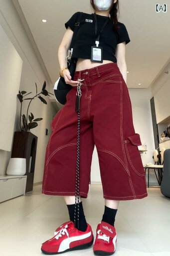 ワイドパンツ レディース カジュアル おしゃれ Cloth Ling Ling レッド アメリカン レトロ クロップドパンツ ショーツ レディース サマー ワイド レッグ ストリート ワークウェア ジーンズ ワイドパンツ レディース カジュアル おしゃれ Cloth Ling Ling レッド アメリカン レトロ クロップドパンツ ショーツ レディース サマー ワイド レッグ ストリート ワークウェア ジーンズ