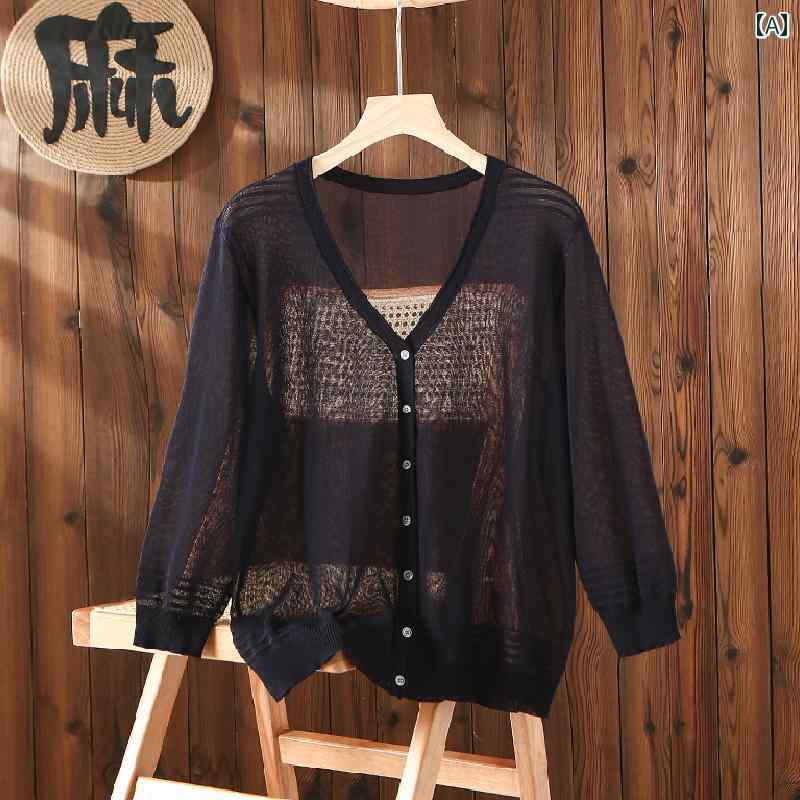 ゆったり UVカット カーデ 指穴 カーディガン ロングカーディガン レディース 紫外線対策 自転車 アウトドア ロング 長袖 ライトアウター 薄手 羽織 透け シアー サマーニット きれいめ 体型カバー 大きいサイズ 春夏 シンプル 黒 HU