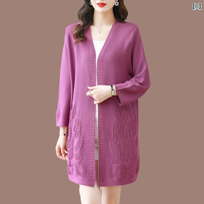夏用の 冷感 ニット ジャケット ミディアム ロング ゆったり アウター ショール 大きいサイズ 薄手 エアコン シャツ マルベリー シルク カーディガン
