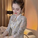 Aライン カットソー ミディアム丈 2025 春の新 ファッション 万能な チャイナ風 レースの スプライシング ジャケット 女性用 高級 プチ