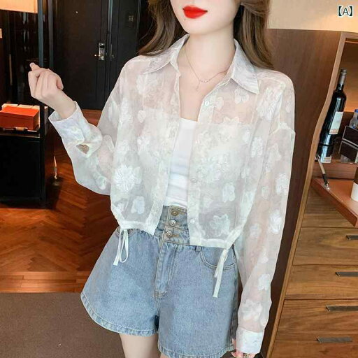 Aライン カットソー ミディアム丈 通気性の ある 花柄 ショート 丈 日焼け防止 服 2025夏 ゆったり カジュアル ドローストリング レースアップ スモール シャツ ライト ジャケット Aライン カットソー ミディアム丈 通気性の ある 花柄 ショート 丈 日焼け防止 服 2025夏 ゆったり カジュアル ドローストリング レースアップ スモール シャツ ライト ジャケット