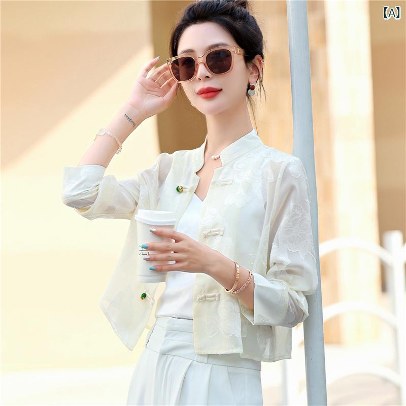 Aライン カットソー ミディアム丈 チャイナ風 薄手 日焼け防止 服の レディース 短い 夏の 2024 民族 風の レトロ 小さい ジャカード トップ ジャケット