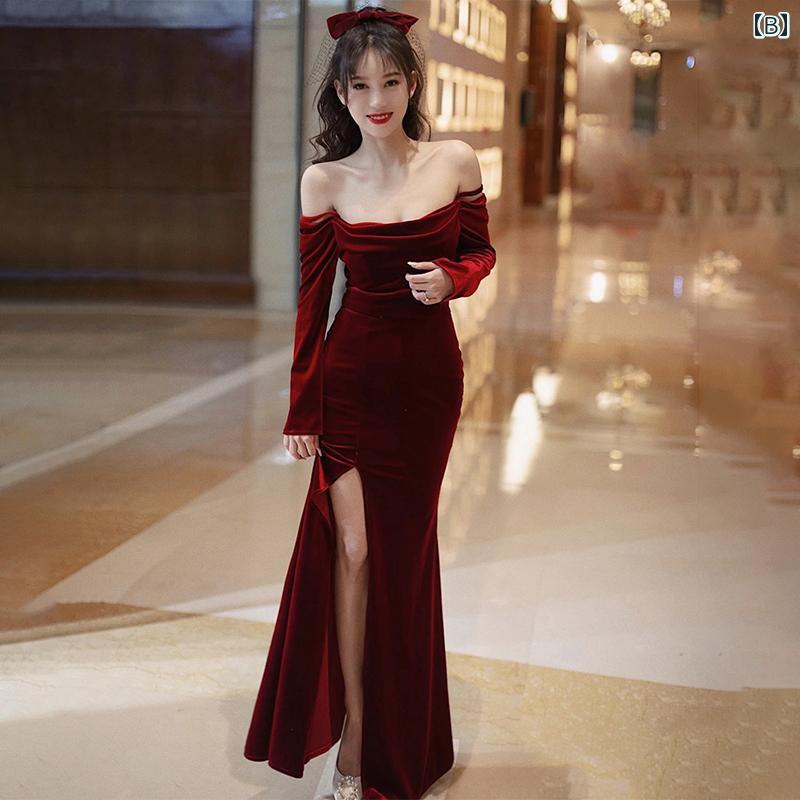 Aライン カットソー ミディアム丈 イブニングドレス 軽い 高級 高級 長袖 の 誕生日 パーティー パーティー 年次 総会の ベルベットの フィッシュ テール ドレス スカート