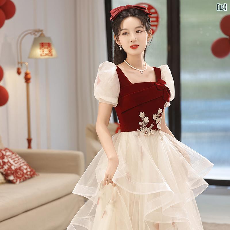 トースト ドレス 花嫁 2025 夏の 赤い チャイナ風 軽い 高級 婚約 高級 ホームカミング イブニングドレス スカート 女性
