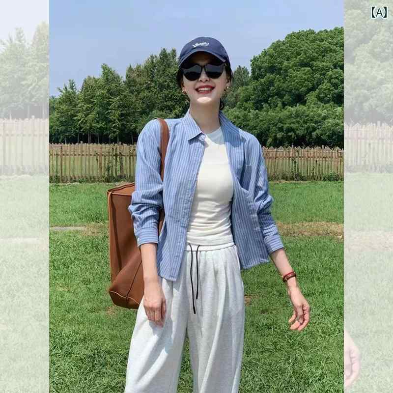 長袖 Tシャツ ボーダートップス チュニック ロンT ボリューム袖 ボリュームスリーブ ぽわん袖 ポワン袖 韓国 ショート 丈 ブルーストライプ ポロ カラー シャツ ジャケット 女性用 早春用 小さい カーディガン シャツ トップス アウター
