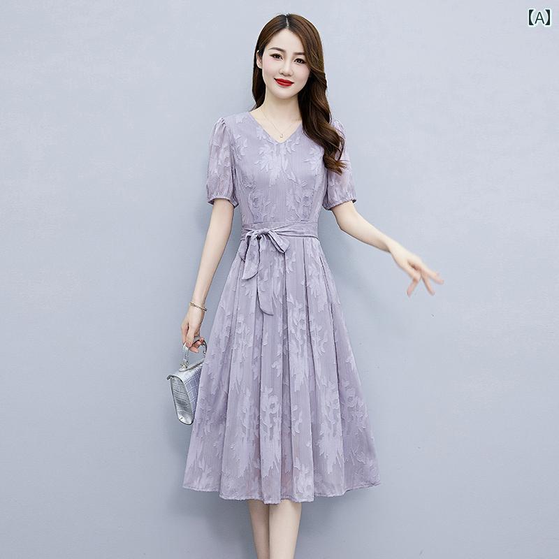 マキシワンピース レディース ロングワンピ 半袖 杭 州 ビッグ の シルクドレス 婦人服 夏の 母親 高級の スリム 桑 絹 ロング スカート