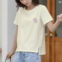 Tシャツ レディース メンズ 男女兼用 ユニセックス ノームコア トップス 半袖tシャツ カットソー 綿 クルーネック オーバーサイズ 体型カバー ゆったり 花柄 スリット入り コットン 半袖 Tシャツ レディース アプリコットカラー 2024夏