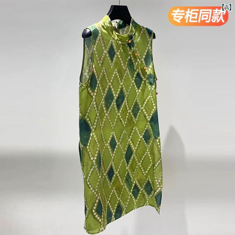 シャツ ノースリーブ レディース トップス チャイナ風 ボタン 付き グリーン チェック シャツ 女性用 ベスト 夏 スタイル 民族 風 ノースリーブ 桑 絹 トップ 薄手