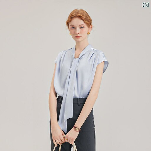 シャツ ノースリーブ レディース トップス ベーシック ハウス / ベーシック ハウス ブルー サテンシャツ レディース 夏 半袖 ボウ シャツ 通勤 トップス シャツ ノースリーブ レディース トップス ベーシック ハウス / ベーシック ハウス ブルー サテンシャツ レディース 夏 半袖 ボウ シャツ 通勤 トップス