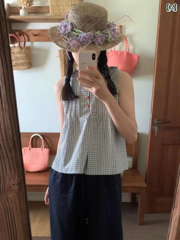 シャツ ノースリーブ レディース トップス 韓国 ライト グレーの チェック 柄 ノースリーブシャツ ベスト レース ラウンドネック 小さい 夏の な