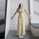 ワンピース ティアード ロング レディース 無地 ボートネック フレア ノースリーブ ギャザー ノースリーブワンピース ロングワンピース マキシ ワンピ Aライン ティーブレイク フレンチ 花柄 ワンピース レディース 夏 2025 イエロー小 フライン