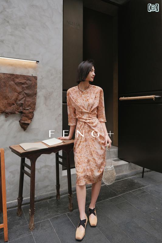 鳳 佳 ナロー 6 美しい ドレス コレクション アート スマッジ 水彩 シルクラップ ウエスト ドレス QZ 1771