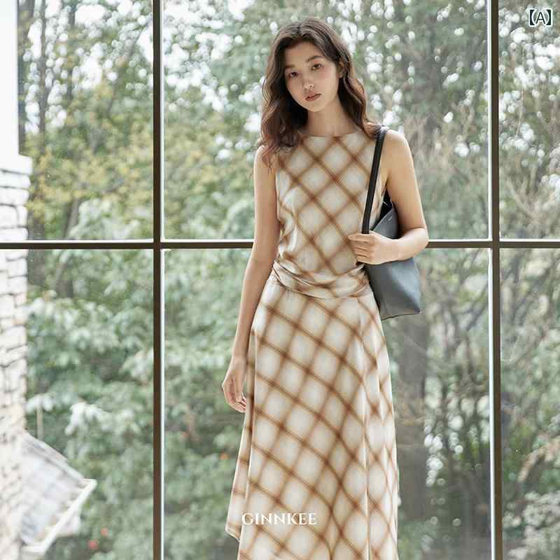 ワンピース ティアード ロング レディース 無地 ボートネック フレア ノースリーブ ギャザー ノースリーブワンピース ロングワンピース マキシ ワンピ Aライン GINNKEE レトロ チェック 柄 ノースリーブ ウエスト ワンピース レディース 夏