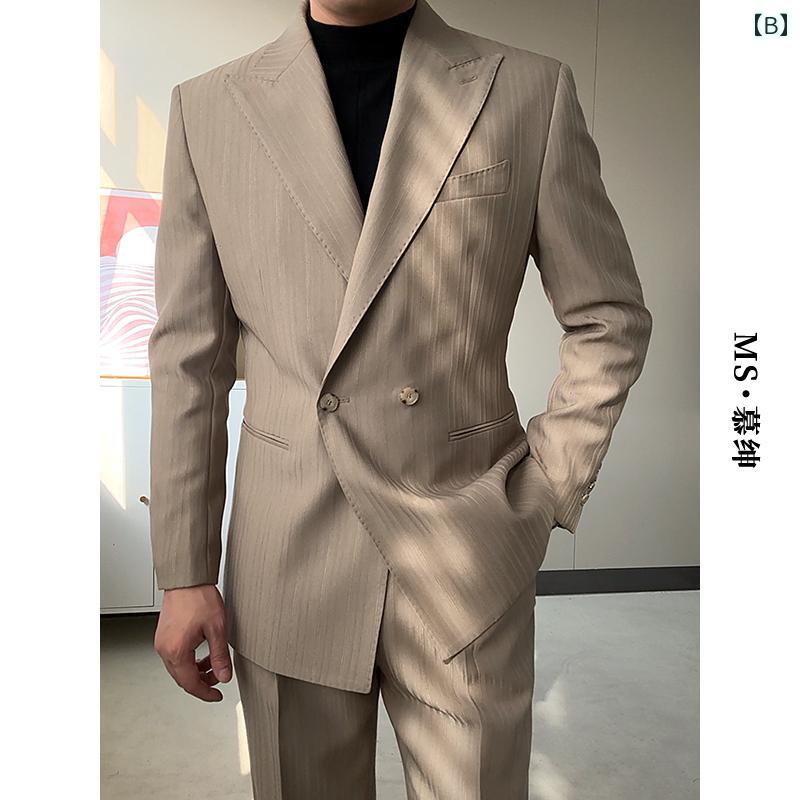 スーツ セットアップ メンズ きれいめ 大人 Mushen 春夏 ダーク パターン ダブルブレスト スーツ メンズ ピークド ネイビーブルー ビジネス カジュアル ウェディング スーツ
