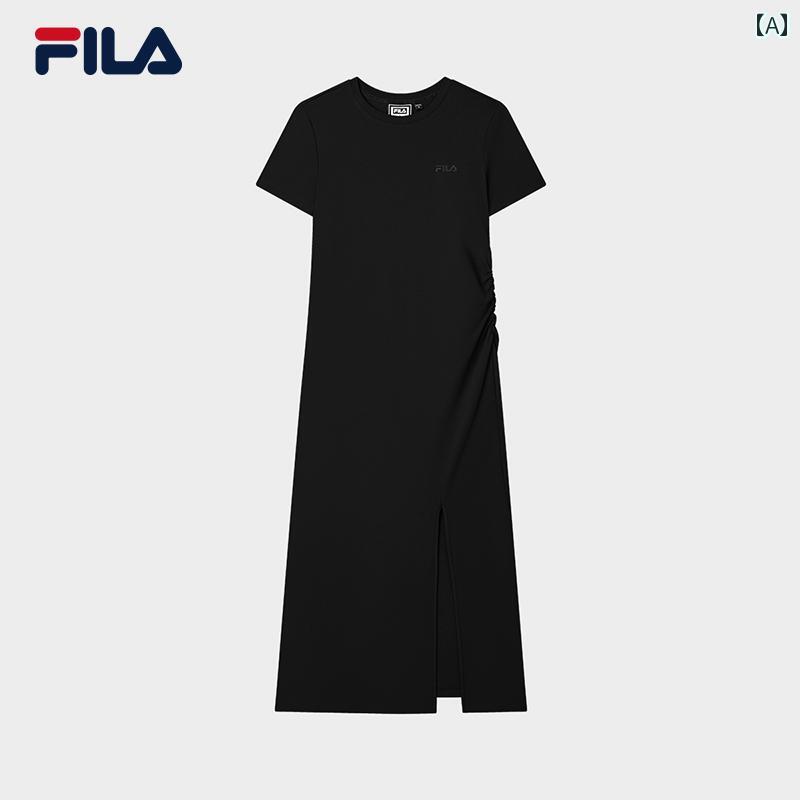 Aライン スカート レディース FILA フィラ ニット ドレス レディース 2025夏 ファッション カジュアル スリット スリムフィット Tシャツ ロング スカート