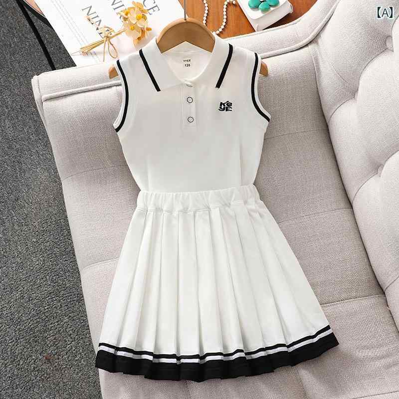 Aライン スカート レディース 女の子 プレッピー ノースリーブ ポロシャツ スーツ 2025 夏の 子供服 カジュアル プリーツスカート ツーピース スーツ