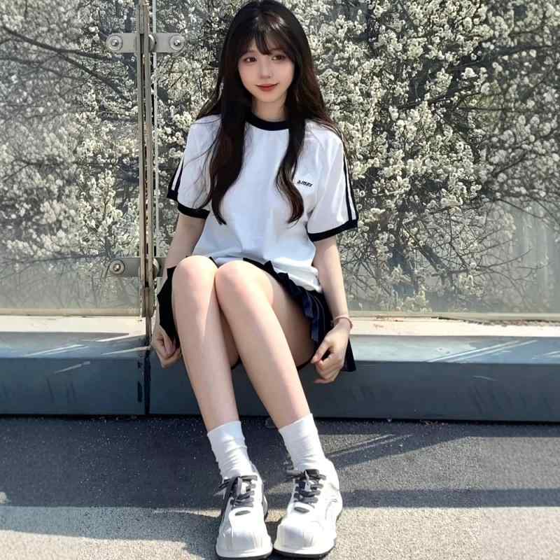Aライン スカート レディース 韓国 ガール カジュアル スポーツ スーツ 女性 夏 スタイル 年齢を 減らす ゆったり コットン 半袖 ショート スカート ツーピース スーツ