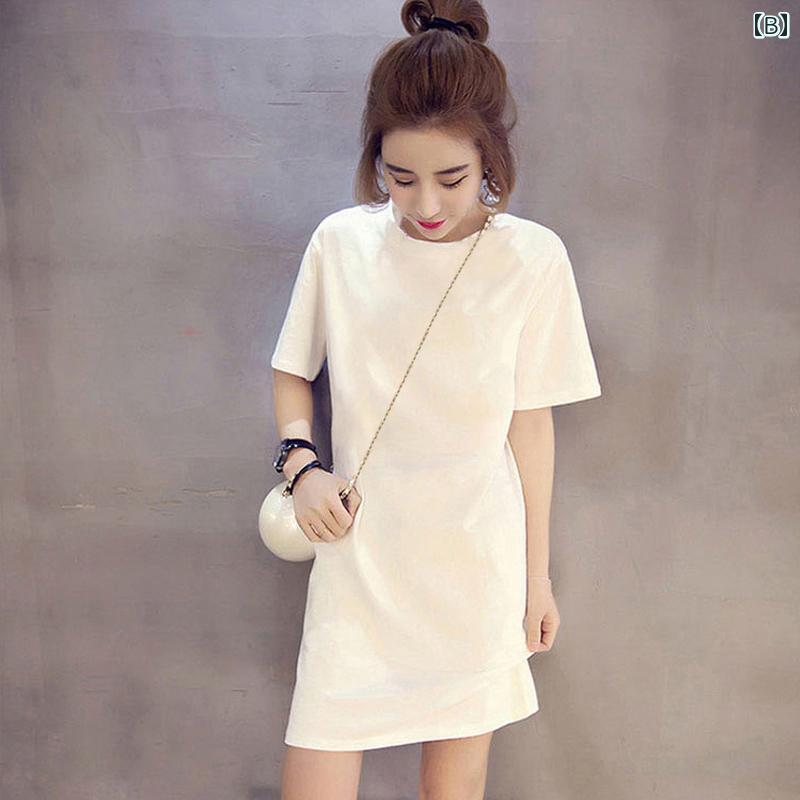 Aライン スカート レディース 韓国 2025夏の 綿 半袖 Tシャツ レディース スカート ゆったり カジュアル スリム ミディアム 丈 H型 ワンピース