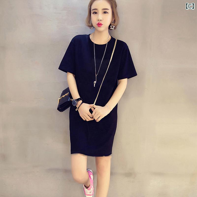 Aライン スカート レディース 韓国 2025夏の 綿 半袖 Tシャツ レディース スカート ゆったり カジュアル スリム ミディアム 丈 H型 ワンピース