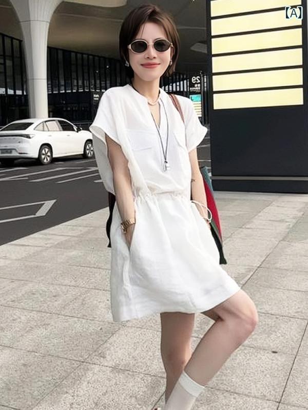Aライン スカート レディース Vネックの ドローストリング ウエスト ドレスの レディース 夏の スカート 2025 の スタイル 美しい シャツ ドレス