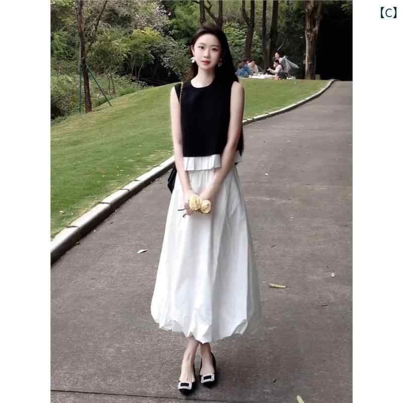 Aライン スカート レディース 夏の 美しい 小さい スカートの 寒い 衣装 ユニークで 美しい かっこいい 黒と 白の 色の マッチングの 花の つぼみの ドレス セット