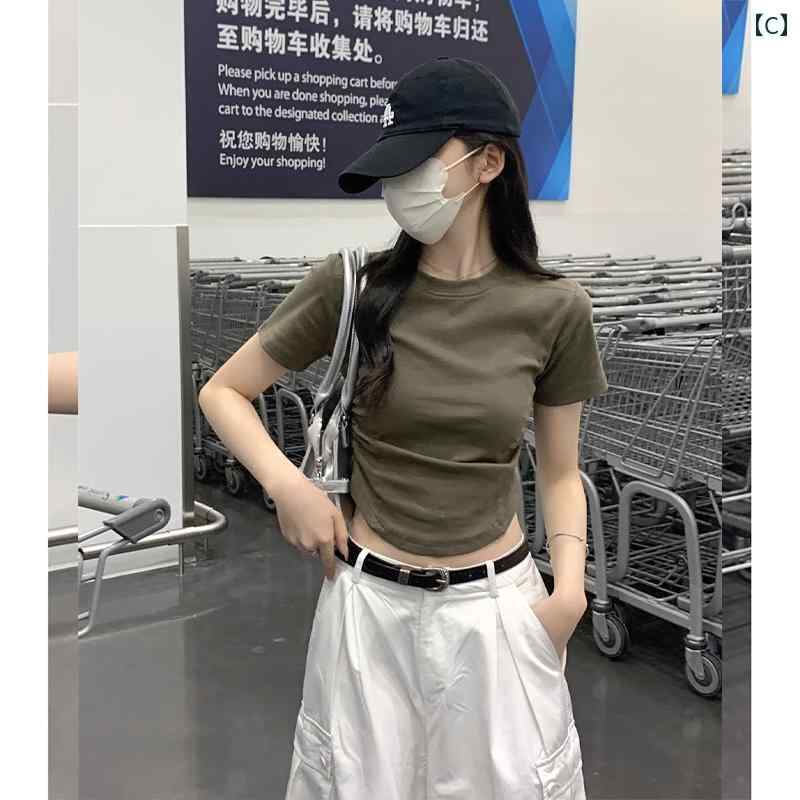 Aライン スカート レディース レディース ホワイト ストレート ショルダー 半袖 Tシャツ 2025夏 ヘリンボーン プリーツ スリム ハイウエスト ショート トップス 小さめ サイズ