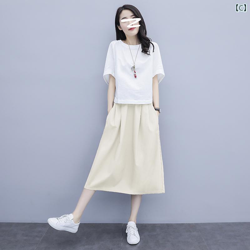 Aライン スカート レディース レディースの 綿 リネンの スカート スーツ で スタイリッシュな 夏の プチ スカート リネン カジュアル ツーピース スーツ