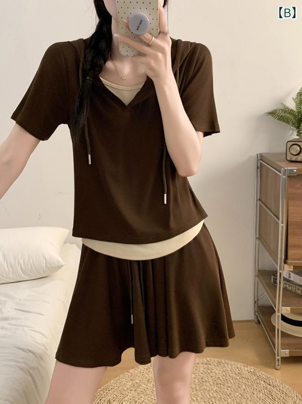 Aライン スカート レディース 大きいサイズ フェイク ツーピース 半袖 Tシャツ ショート スカート ツーピース 夏 小 ハイエンド カジュアル スポーツ スーツ スカート