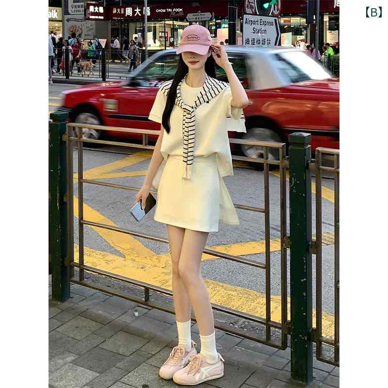 Aライン スカート レディース 韓国 カジュアル スポーツウェア スーツ 女性用 2025夏 ファッション 刺繍入り 半袖 ショート スカート ツーピース スーツ