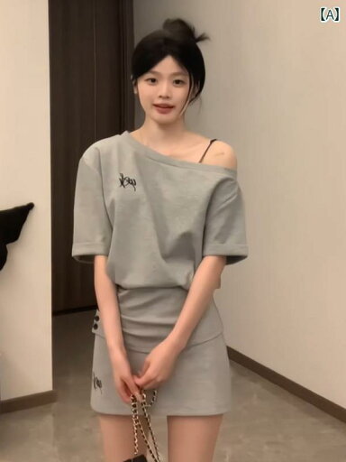 Aライン スカート レディース 韓国 カジュアル スポーツ スーツ 女性用 夏の ファッション ショート スタイル 斜め 肩 半袖 ショート スカート 小さい ツーピース スーツ Aライン スカート レディース 韓国 カジュアル スポーツ スーツ 女性用 夏の ファッション ショート スタイル 斜め 肩 半袖 ショート スカート 小さい ツーピース スーツ