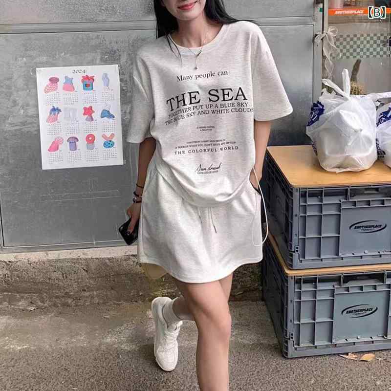 オーガニックコットン 半袖 レディース Aライン スカート レディース ゆったり ドローストリングの 半袖 Tシャツ トップス ヒップ ラップ aライン ショート スカート ツーピース スーツ 女性用 サマー ファッション カジュアル スポーツ スーツ