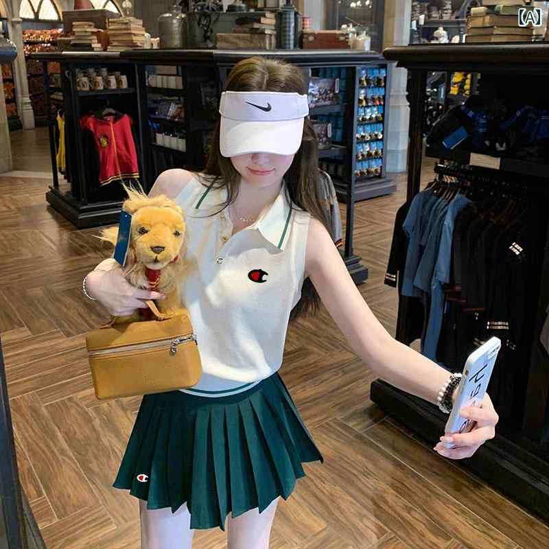 オーガニックコットン 半袖 レディース Aライン スカート レディース ジョギング チャンピオン アメリカン カレッジ スタイル スーツ サマー レジャー スポーツ ノースリーブ ポロシャツ グリーン プリーツスカート ツーピース スーツ