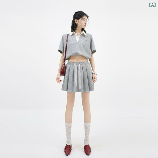 オーガニックコットン 半袖 レディース Aライン スカート レディース OF U グレー POLO カラー 半袖 Tシャツ プリーツスカート スーツ レディース 夏 カジュアル スポーツ トップ ショート スカート ツーピース スーツ オーガニックコットン 半袖 レディース Aライン スカート レディース OF U グレー POLO カラー 半袖 Tシャツ プリーツスカート スーツ レディース 夏 カジュアル スポーツ トップ ショート スカート ツーピース スーツ