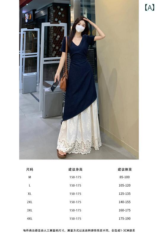 マキシワンピース レディース ロングワンピ 半袖 大きいサイズ フェイク ツーピース ロング スカート 女性用 夏 スカート ウエスト スリミング スプライシング Vネック 半袖 ドレス