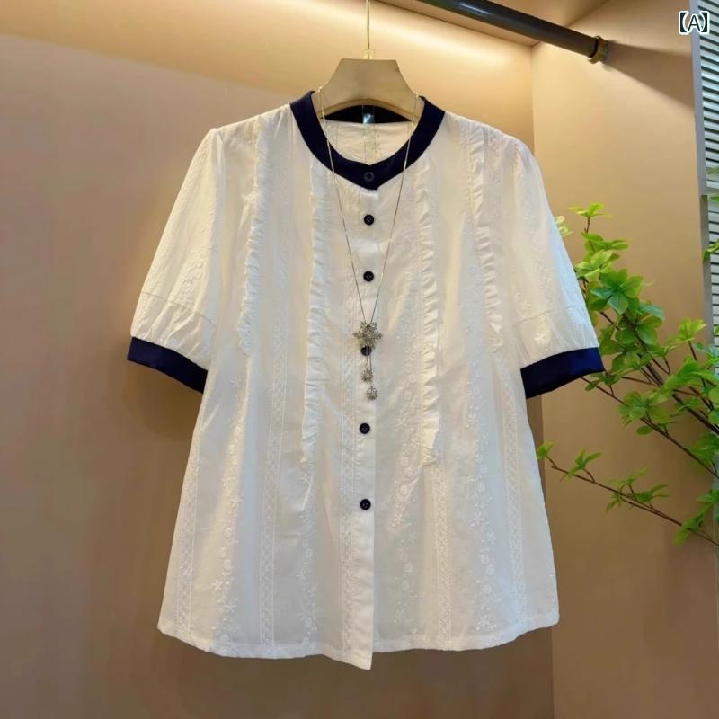 レディース 半袖 ジャケット シャツ 薄手 半袖シャツ 襟付き アウター サマージャケット MM 大きめ サイズレディース 服 万能 半袖 カーディガン 2025 ファッション プリーツ ステッチ ラウンドネック シャツ