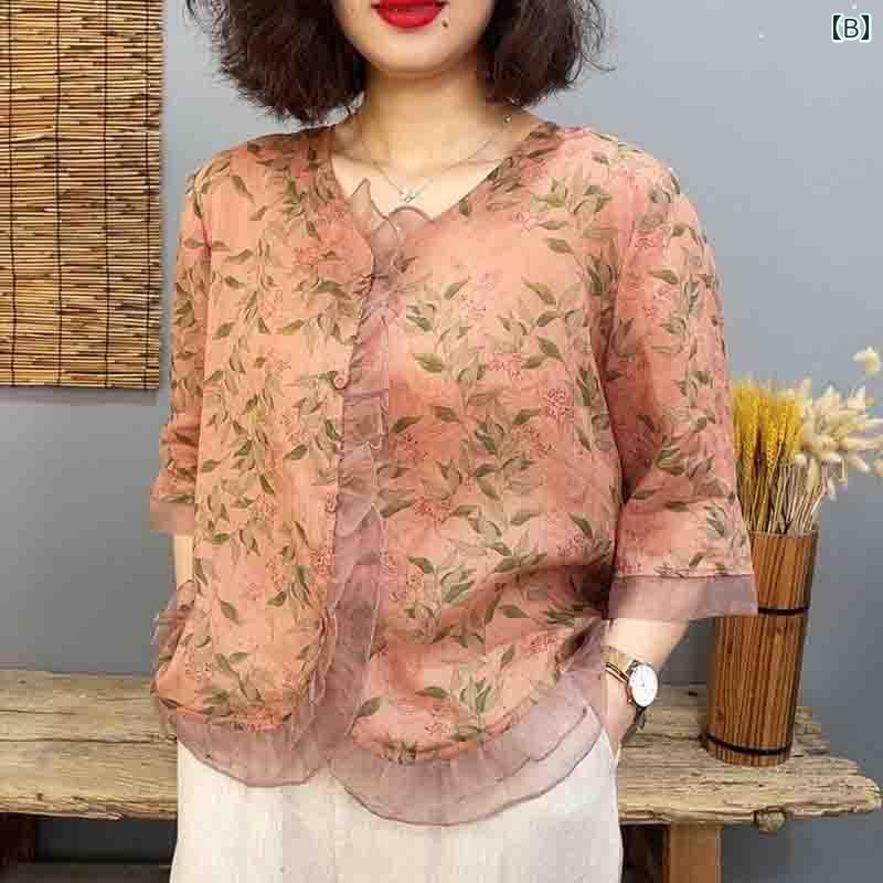 レディース 半袖 ジャケット シャツ 薄手 半袖シャツ 襟付き アウター サマージャケット レディース向けな ラミー プリント 半袖 シャツ 2025夏 レトロで な スモール シャツ トップス