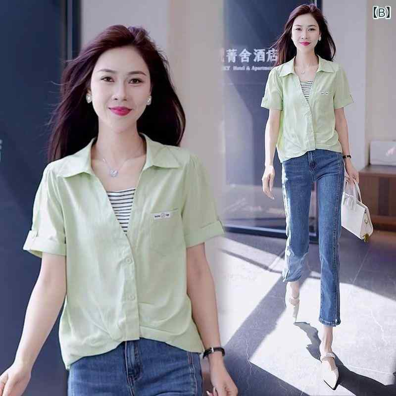 レディース 半袖 ジャケット シャツ 薄手 半袖シャツ 襟付き アウター サマージャケット 女性用 フェイク ツーピース シャツ 2025夏 半袖 Tシャツ トップス スタイリッシュで スリム 年齢を 感じさせにくい な シャツ