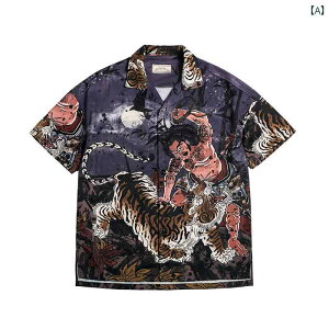 アロハシャツ 沖縄 夏 メンズ 涼しい シャツ 柄シャツ 顧 叔父の【 武松 虎 闘】 キューバ カラー 半袖 シャツ メンズ 夏 カジュアル プリント レトロ クール シャツ