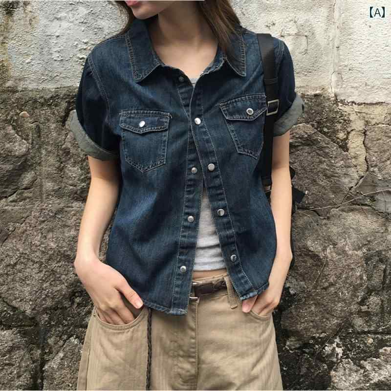 レディース 半袖 ジャケット シャツ 薄手 半袖シャツ 襟付き アウター サマージャケット 夏の 女性用 アメリカン レトロ 半袖 デニムシャツ。 薄手 ゆったり スリム カジュアル 万能 小柄な 方向け ショート トップス。