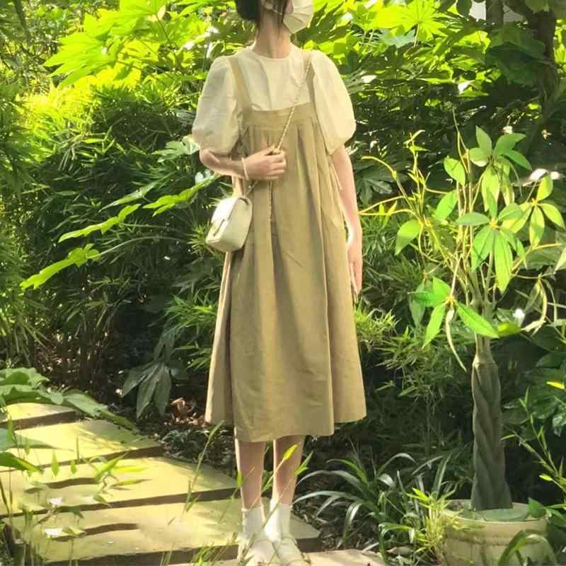 ジャンパースカート レディース 夏 秋 ロング 韓国 カレッジ スタイル パフスリーブ ガール ツーピース ドレス 小さい 半袖 シャツ ストラップ スカート スーツ