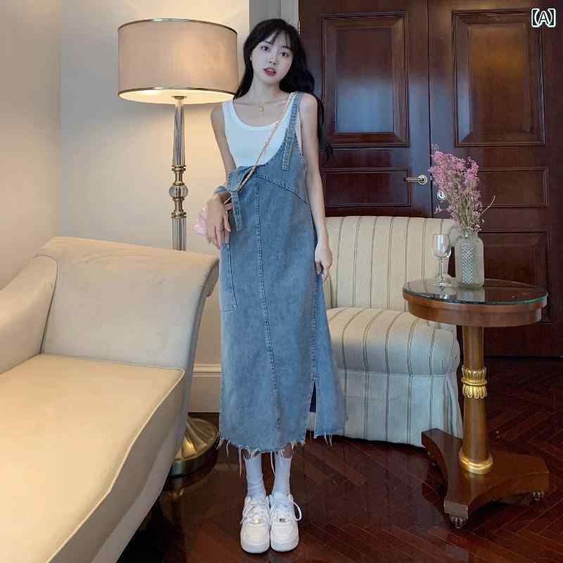 ジャンパースカート レディース 夏 秋 ロング レトロ シック デニムオーバーオール スカート。 夏に 女性用。 大きいサイズ ゆったり スリム 小柄 ミディアム ロングの スリットスカート。