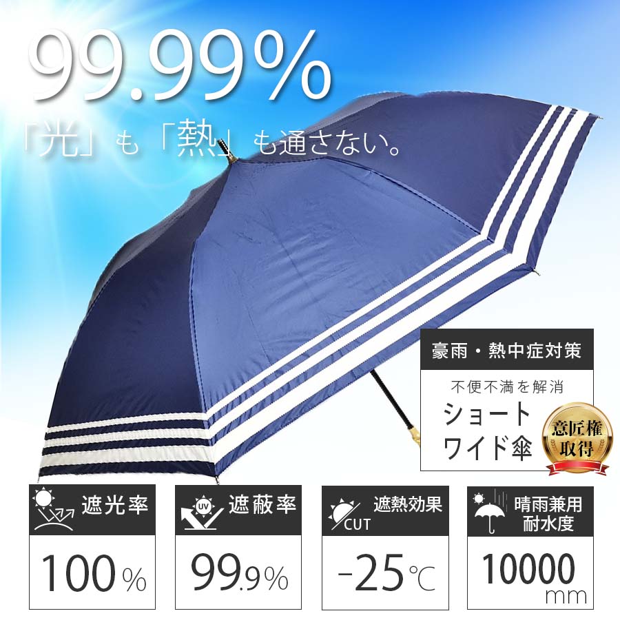 日傘 晴雨兼用傘 遮熱 100% 完全遮光 スギタ ショートワイド傘 マリンボーダー 竹手元 99％ UVカット / 27393 幅97cm 外務省所管 国際交流基金 現代日本デザイン100に選出 送料無料 ※沖縄・北海道・離島は除く