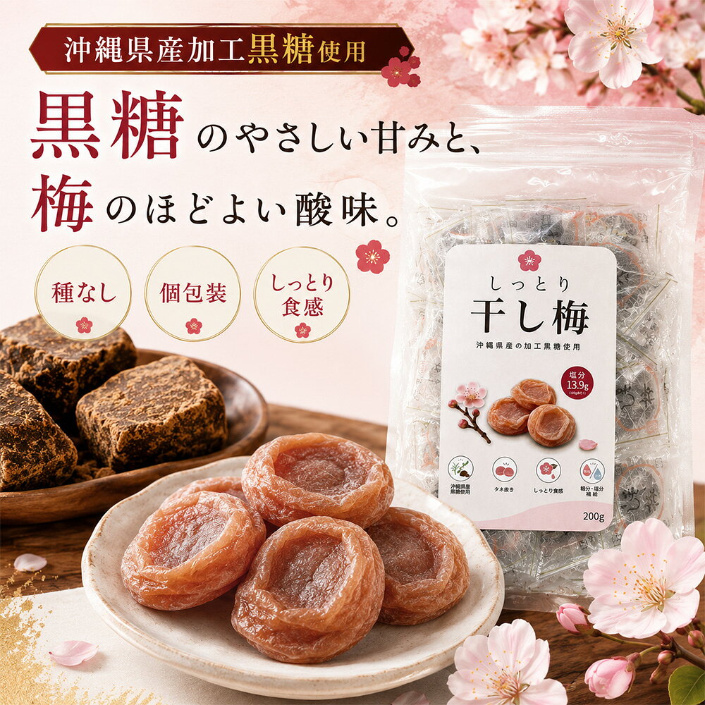 沖縄県産 加工黒糖使用 しっとり 種なし 干し梅 200g 個包装 やわらか食感 甘酸っ...