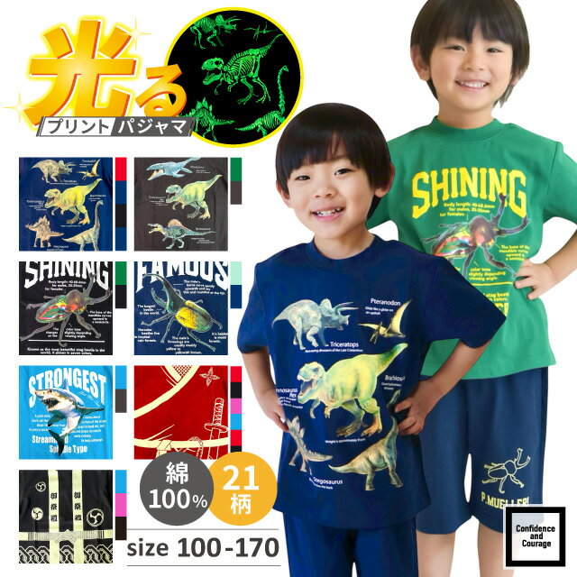 パジャマ キッズ 半袖 綿100 男の子 半袖パジャマ 子供 春 夏 ジュニア 恐竜 忍者 サメ カブトムシ クワガタ 昆虫 法被 祭り かわいい 半ズボン ティラノサウルス 肉食 蓄光プリント 光る キッズ パジャマ 100 110 120 130 140 150 160 170