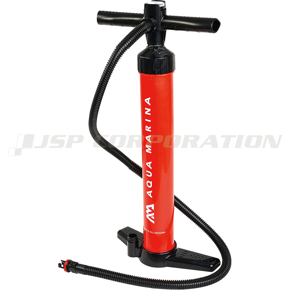 ■最大圧力：20psi■空気圧計付き■容量：2.2+2.2L●SUPやボートなど、様々なインフレータブル製品にご使用頂けます。●押しても引いても空気が入る、ダブルアクションポンプ仕様。●耐衝撃性を備えた空気圧計が付属し、空気を注入しながら圧力を確認できます。●キャップを外すことでシングルアクションへの切り替えも可能。●ハンドルと足置き部分はエルゴノミックデザインを採用し、力が入れやすい形状に工夫してあります。