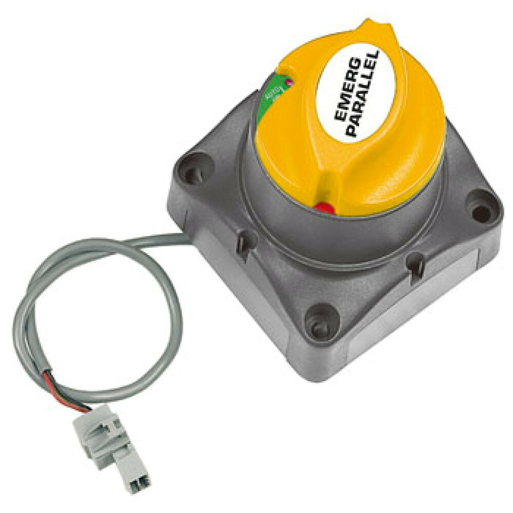 続耐電流：275Amp■瞬間耐電流：455Amp■クランキング：1250Amp■電圧：24V●このスイッチはデュアルサブバッテリーチャージャーの機能と、緊急時にリモートでバッテリー同士を並列に繋げるエマージェンシーパラレルスイッチが一体になった1台2役のスイッチです。●マニュアルでも使用可能です。●緊急時には運転席のモーメンタリースイッチをONにすれば、10分間だけONになってバッテリー同士を並列に接続します。●10分後に電圧が充分(13.7V以上)に上がれば電圧を感知して継続しますが、電圧が足りない場合は自動的にOFFになります。