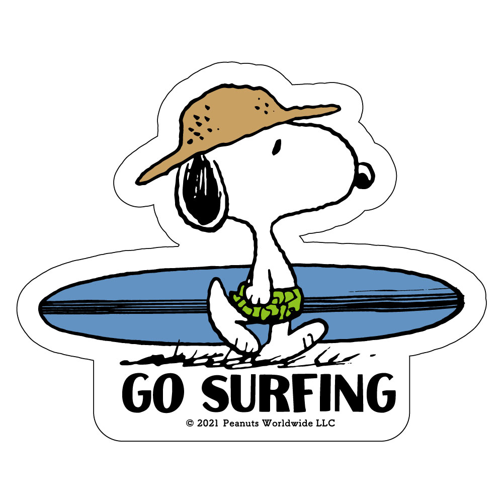 SURF BOARD STICKER（サーフボードステッカー） サーフスヌーピーとサーフィンに触れ、海に癒やされ、自然を愛す かわいいあの子に、かっこいい本物のサーファーだと見せつけるために海へ飛び込むスヌーピー。波にかっこよく乗れて「Cowabunga!（やったぜ!）」と叫ぶスヌーピーをみて、「君の犬、どうかしちゃったんじゃない」とチャーリーがライナスに言われてしまうシーンがコミックにでてきたのは1965年。 コミック生誕70年愛されるピーナッツの仲間たち！ サーフボードに貼り付けて、自由にマイボードをカスタマイズ！